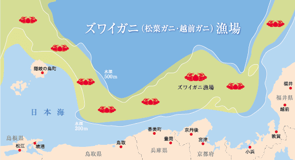 丹後半島沖から若狭湾沖・越前沖へ続くズワイガニ漁場の地図